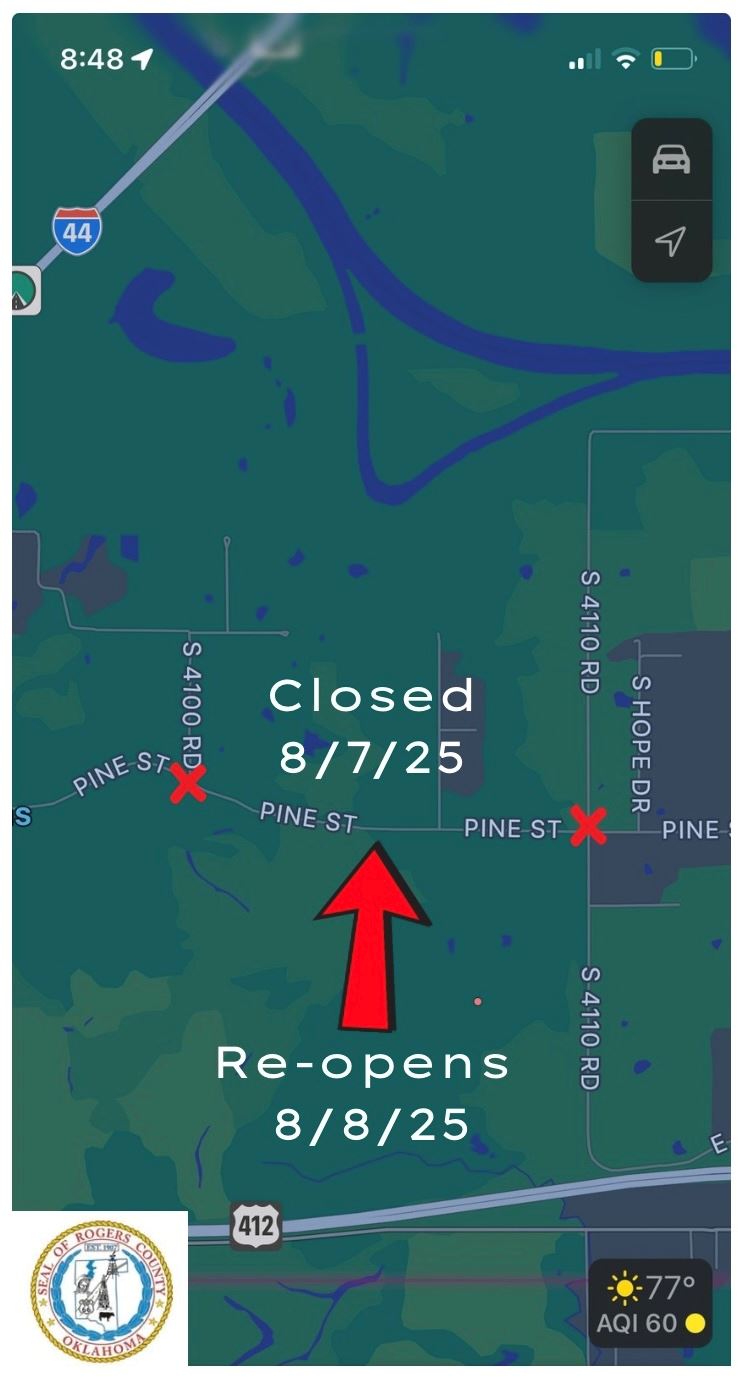 Green map showing road closure with red x's and red arrow